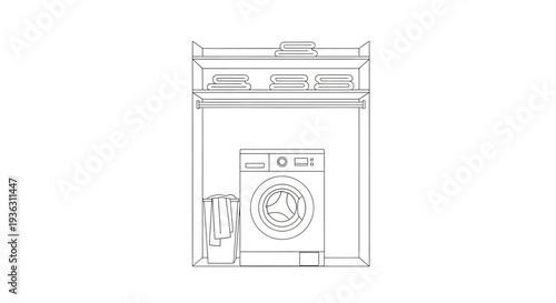 Modern Washing Machine with Laundry Basket and Shelves Above.