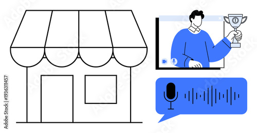 Black-and-white storefront graphic, a man on screen holding a trophy, and sound wave icon. Ideal for online business, e-commerce, achievements, voice tech, retail innovation, success and multimedia