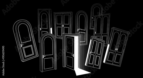 Multiple doors with one open showing light.