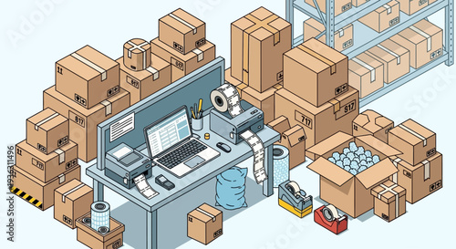 Office desk surrounded by many cardboard boxes and storage shelves.