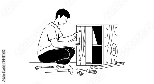 Person assembling a wooden cabinet with tools nearby.