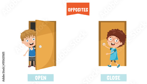 A door icon illustration showing open and close opposites