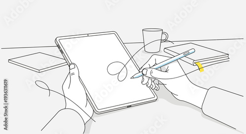 Person drawing on a digital tablet with a stylus pen.