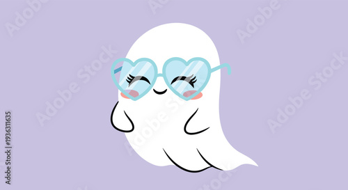 Cute little white ghost character wearing heart-shaped sunglasses with a happy smiling face on a soft light purple background.