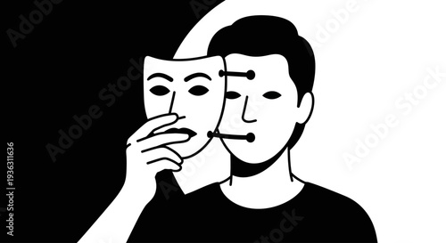 Person holding a mask in front of face duality concept.