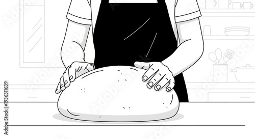 Person kneading dough for baking bread in kitchen.