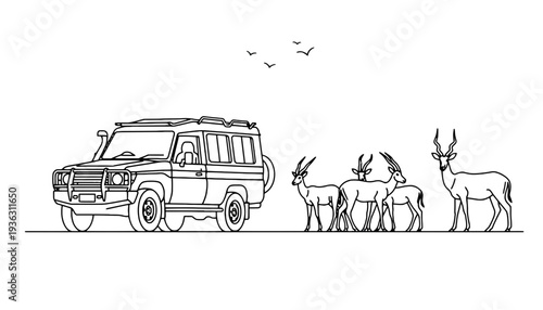 A safari car vector illustration with antelope and birds in the wild