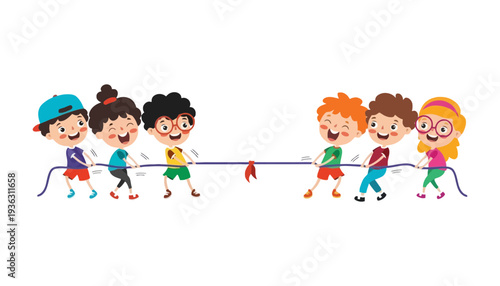 Children playing tug of war with a rope in a fun illustration