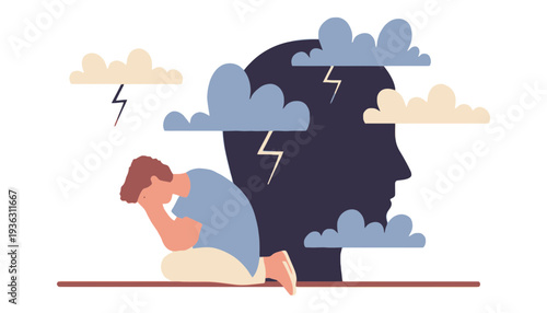 Depression vector illustration of a man with a dark head full of stormy clouds