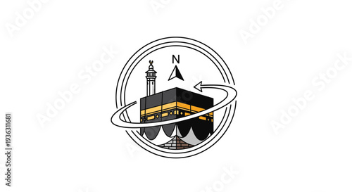 Religious icon of the Kaaba in Mecca with a compass needle pointing north and a circular arrow indicating circumambulation.