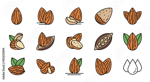 Grid of diverse almond icons showing different perspectives including whole nuts sliced pieces and kernels with green leaves.