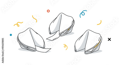 Three fortune cookies with paper slips coming out surrounded by colorful confetti and curly lines on a plain white background.