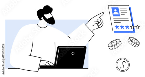 Man evaluates profile with ratings while working on laptop coins highlight hiring or monetary decisions. Ideal for recruitment, feedback, evaluation, performance, HR, finance, career growth. Simple
