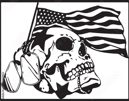 PrintPatriotic military skull with american flag and dog tags