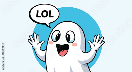 Funny cartoon ghost with its hands up and a speech bubble saying LOL expressing laughter and joy on a blue circular background.