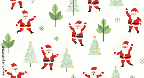 Seamless holiday pattern featuring various poses of Santa Claus with green leaves and decorated Christmas trees on a white background.