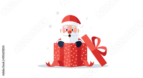 Surprised Santa Claus character popping out of a large red gift box with white polka dots isolated on a plain white background.