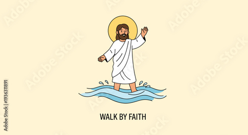 Religious illustration of Jesus walking on water with the text walk by faith below him on a clean pale yellow background for kids.