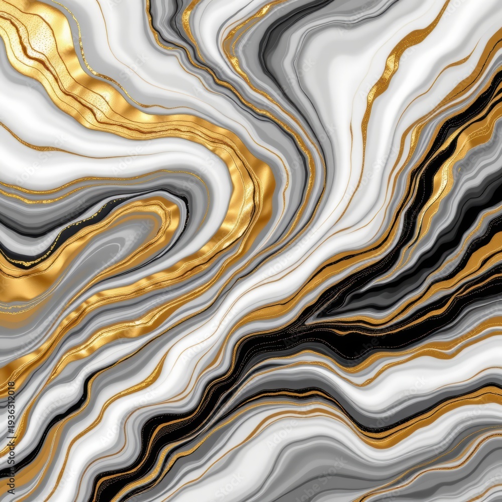 Fototapeta premium Abstract marble texture with gold, black, white, and gray swirling patterns and glitter accents.