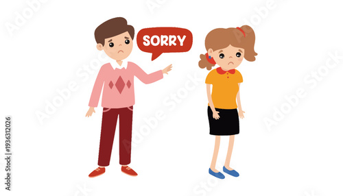 A cartoon boy apologizing to a girl with a sorry speech bubble