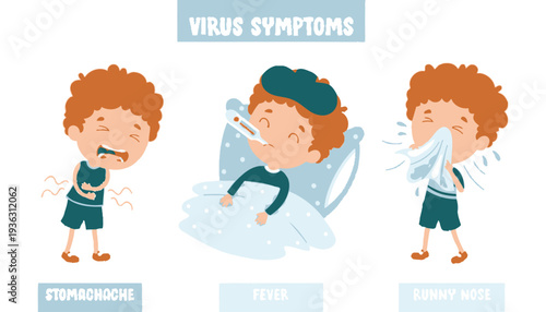 Virus symptoms illustration with a cartoon boy showing stomachache, fever, and runny nose