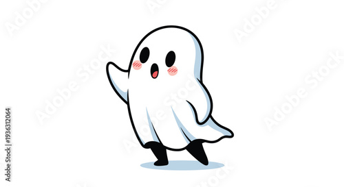 Playful cartoon ghost waving one hand with a surprised or excited facial expression isolated on a plain white background.