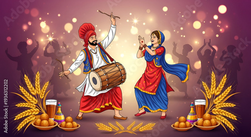 Baisakhi festival Punjabi bhangra dance celebration with dhol drum wheat harvest sweets and festive Punjab culture joyful Vaisakhi tradition vector illustration