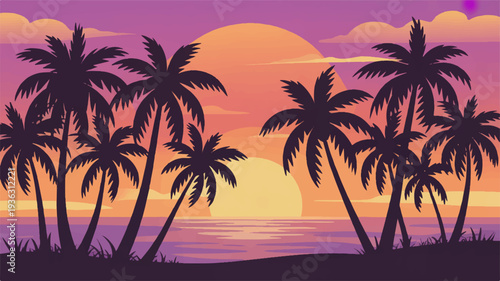 Silhouette of tropical palm trees against vibrant sunset with purple pink and orange hues over serene ocean