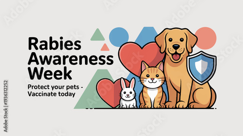Rabies awareness week protect pets vaccinate today cartoon animals heart shield