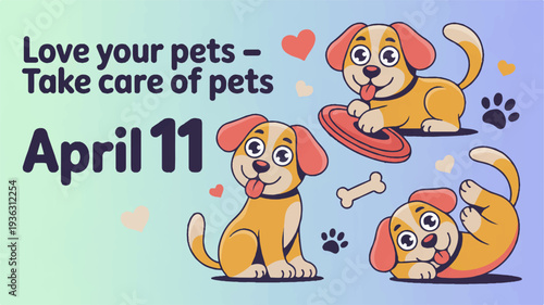 Cute cartoon dogs playing with frisbee and bone on colorful background with hearts