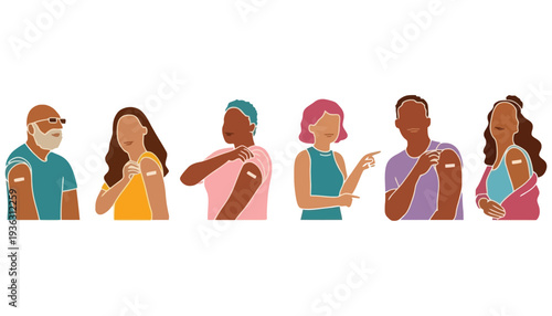 Vaccine illustration of diverse people showing bandaged arms after vaccination