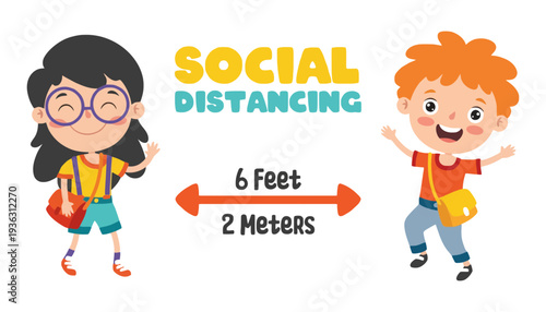 Social distancing illustration of two children standing six feet apart