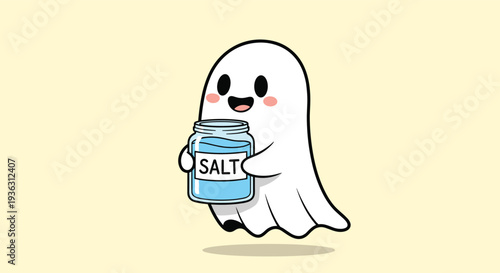 Cute cartoon ghost holding a glass jar labeled salt with a happy and friendly expression on a pale yellow background for puns.