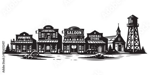 Old West Main Street Silhouette, Silhouette Vector, Isolated on White Background