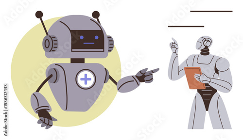 Artificial intelligence, tech innovation, robotics teamwork, healthcare automation, future learning, communication. Two robots interact, one holding a clipboard. Robotics teamwork and AI