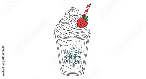 Festive strawberry milkshake illustration with whipped cream a whole berry a red striped straw and a snowflake on the plastic cup.