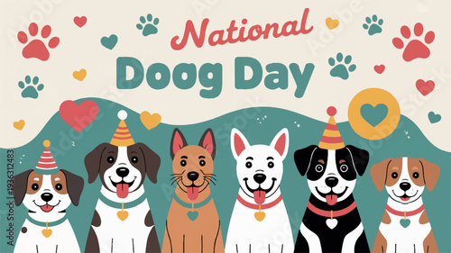 Six dogs celebrate national dog day with party hats and colorful decorations around them