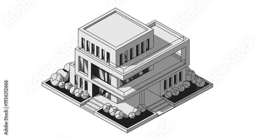 Isometric View of a Modern Three-Story Building with Columns and Balconies.