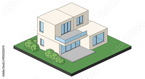 Modern two-story house with beige exterior and blue accents.