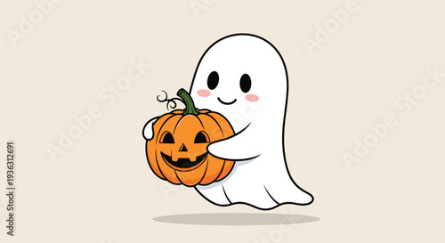 Adorable ghost holding a carved halloween pumpkin with a friendly smile on a light beige background for kids.