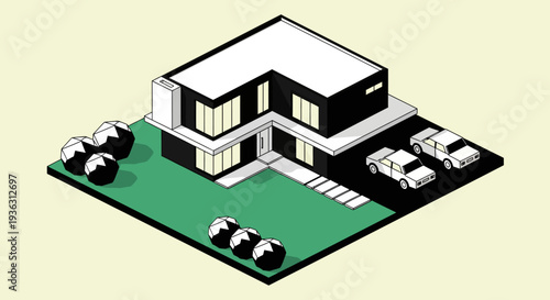 Modern two-story house with parking and landscaping.