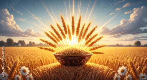 Golden wheat harvest bowl glowing in farmland landscape celebrating baisakhi festival prosperity agriculture tradition vaisakhi season punjab culture vector illustration