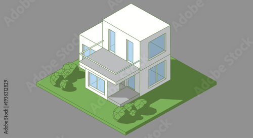 Modern 3D Isometric White House with Green Lawn and Trees.