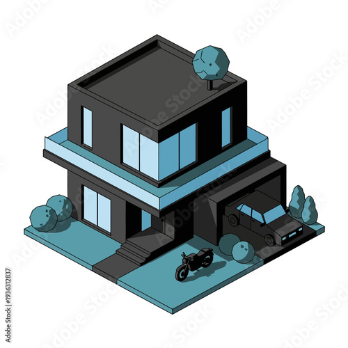Modern 3D Isometric House with Motorcycle and Car.