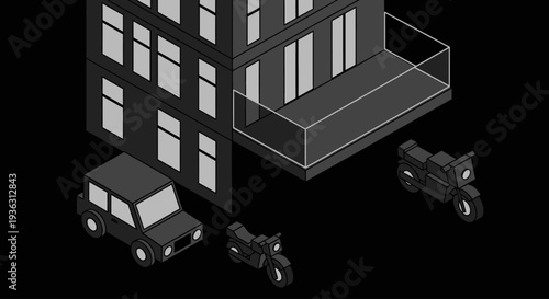 Isometric illustration of police officers and vehicles near a building.