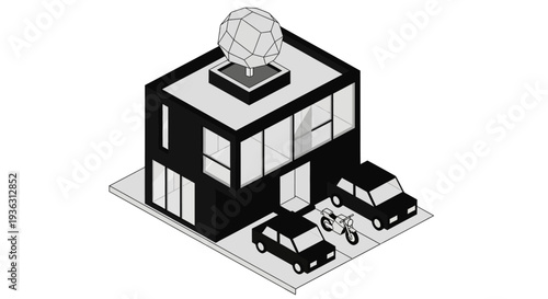 Modern black and white building with cars and bicycles in the parking lot.