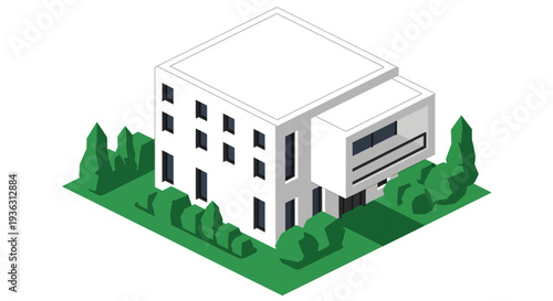 Isometric illustration of a modern white office building surrounded by green trees.