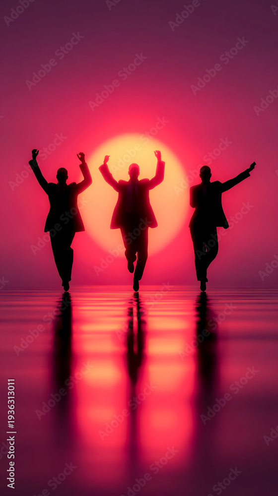 Fototapeta premium Joyful silhouettes dancing freely beneath a vivid setting sun.