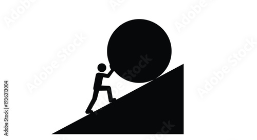 Silhouette of a man pushing a giant boulder up a steep hill representing the myth of Sisyphus and hard work.
