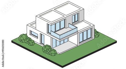 Modern two-story house with flat roof and patio.